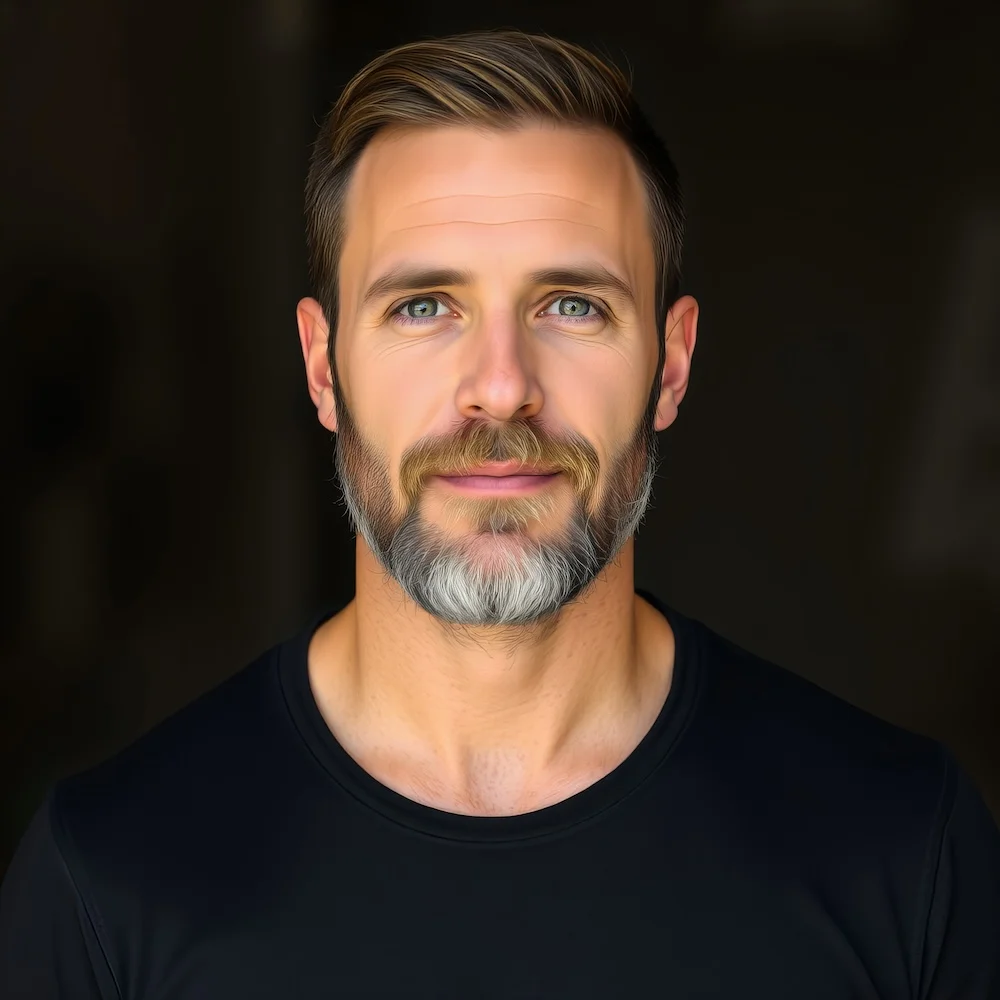 man with beard black shirt with white beard