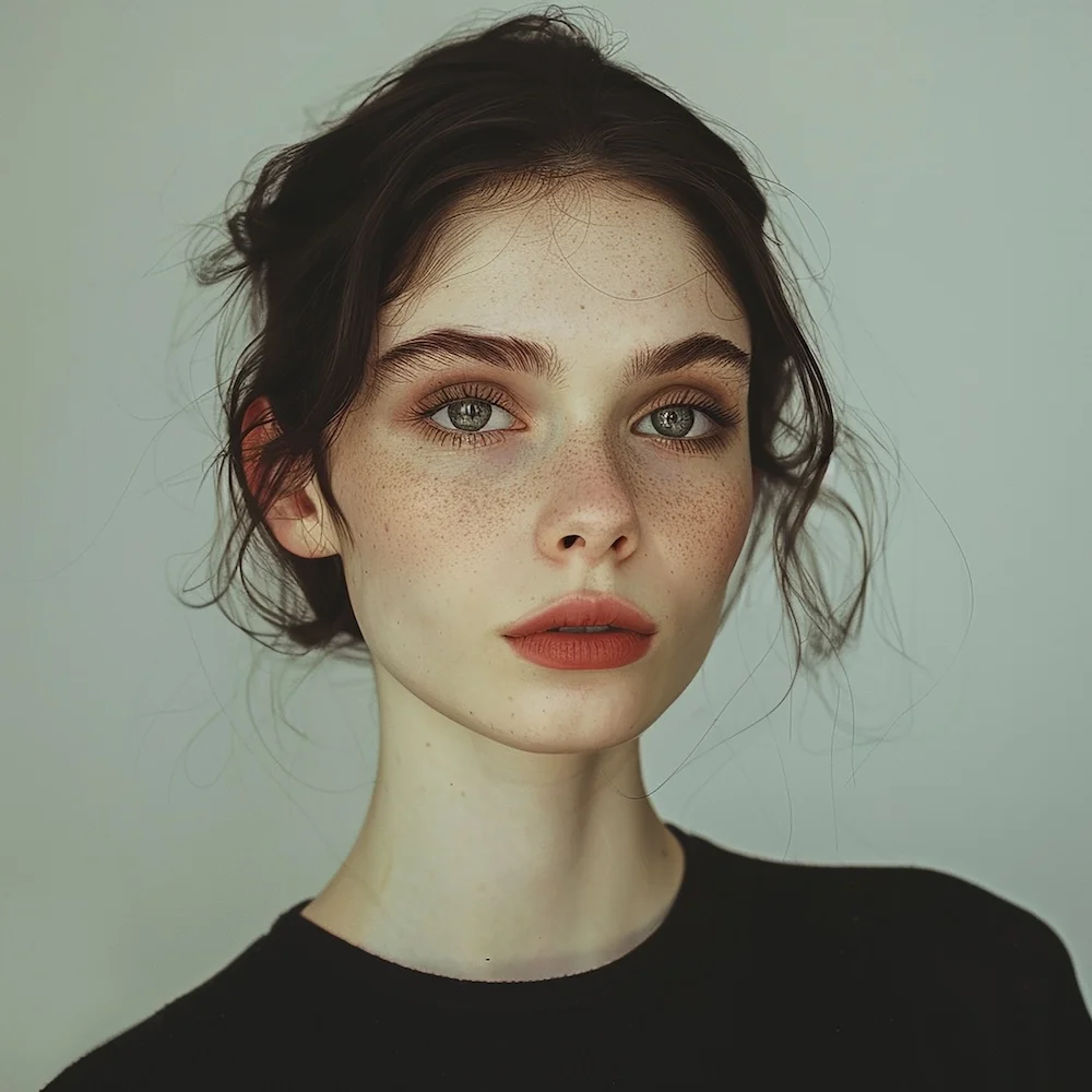 woman with freckled eye black shirt with red lip
