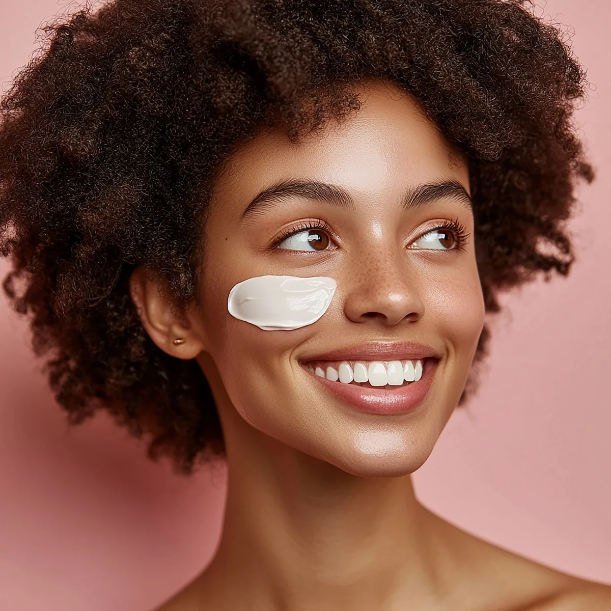 woman with white patch her face is smiling